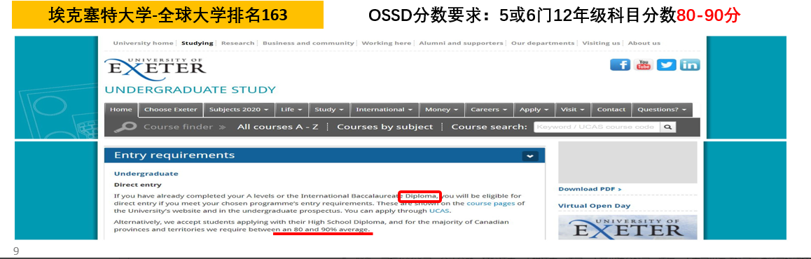 英国埃克塞特大学OSSD课程分数的录取要求