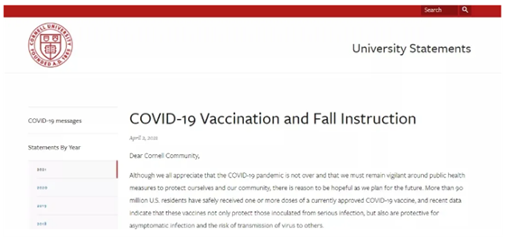 秋季返校美国多所大学要求学生接种新冠疫苗